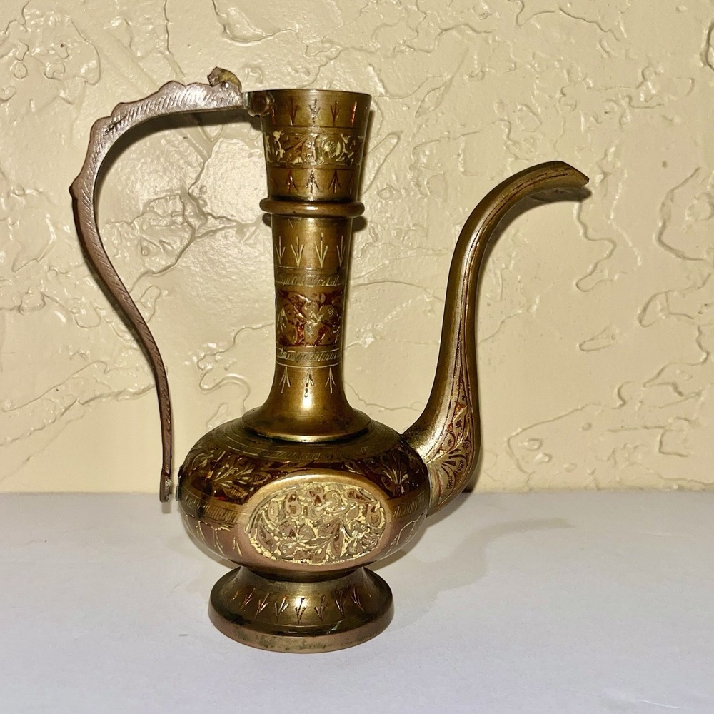 Vintage India Brass‎ Metal Etched Coffee / Tea Pot With Red Orange Detail